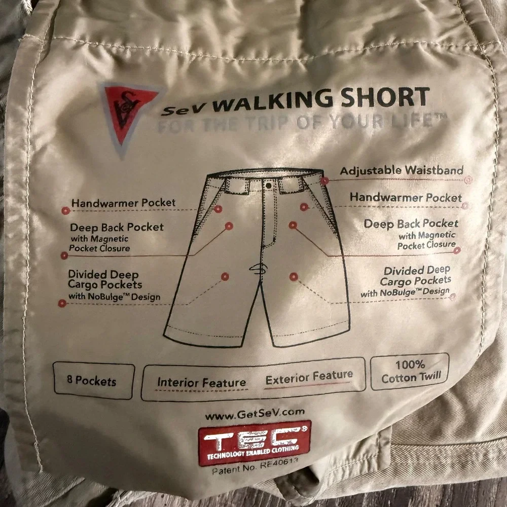 Scottevest SeV Walking Trail Shorts Mens 32 Khaki 8-Pocket Tech Travel Cotton